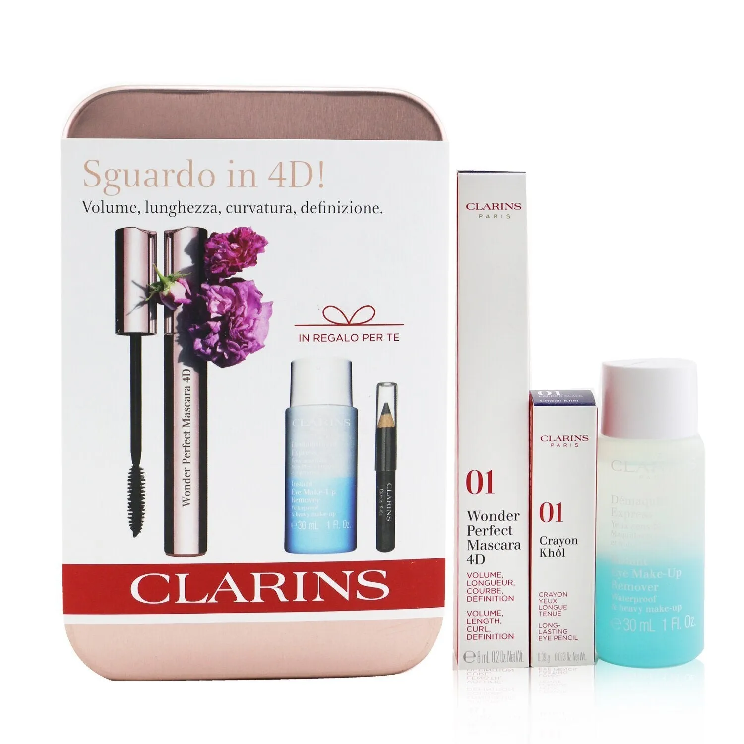 Clarins Wonder Perfect Mascara 4D Set: Mascara 8ml   Instant Eye Make Up Remover 30ml   Mini Crayon Khol  3pcs