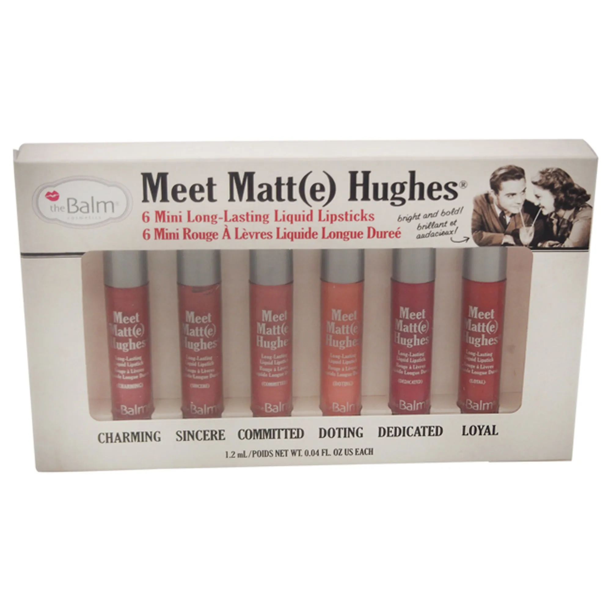 TheBalm Meet Matte Hughes Mini Long-Lasting Liquid Lipsticks Set by the Balm for Women - 6 Pc Set 0.04oz Charming. 0.04oz Sincere. 0.04oz Committed. 0.04oz Doting. 0.04oz Dedicated. 0.04oz Loyal